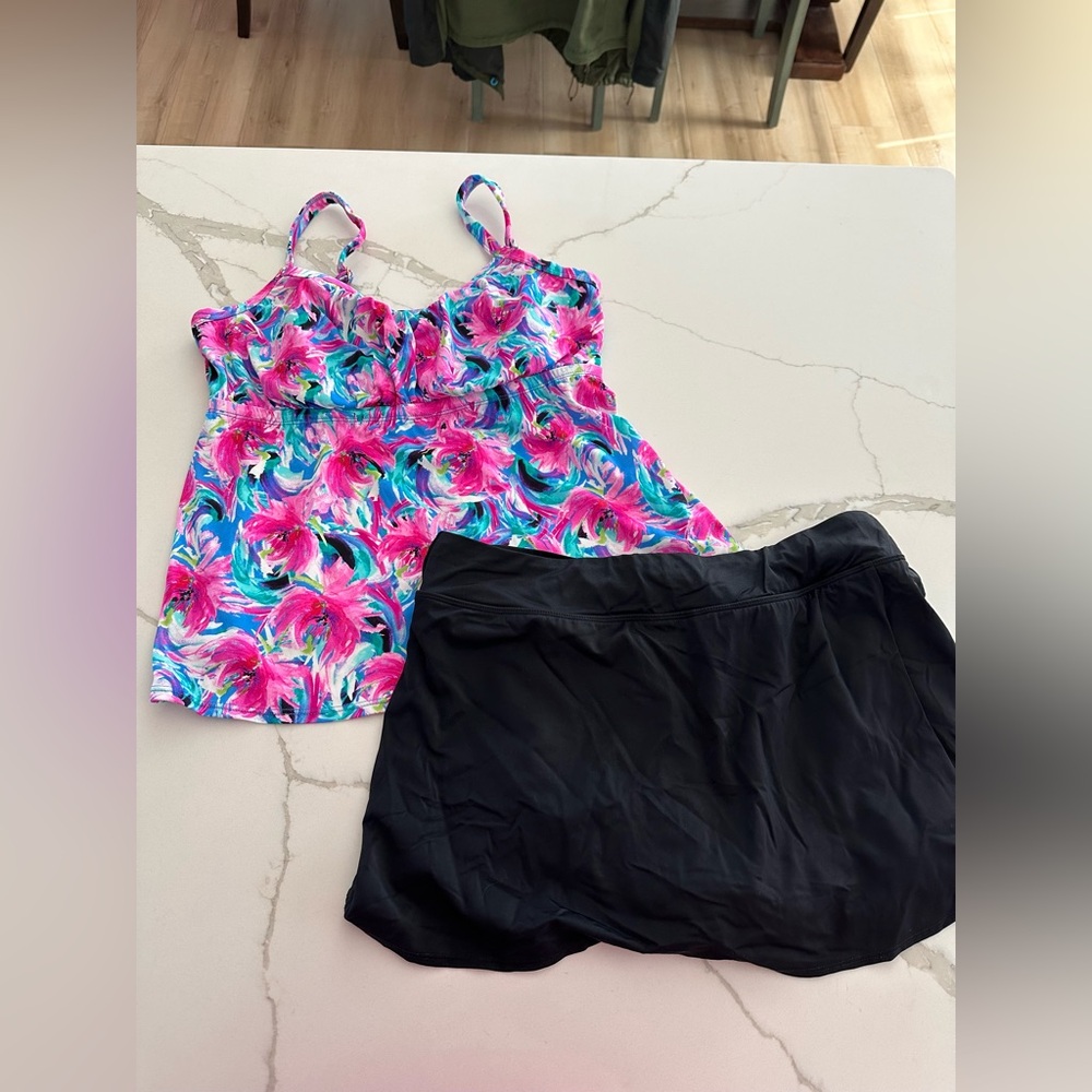 Kim Rogers Colorful Floral Tankini Top and Black Swim Skirt- 16W
